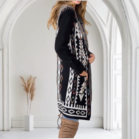 Black Aztec Rainbow Western Hooded Knit Cardigan Long Sleeve Open Sweater - Picture 3 of 3